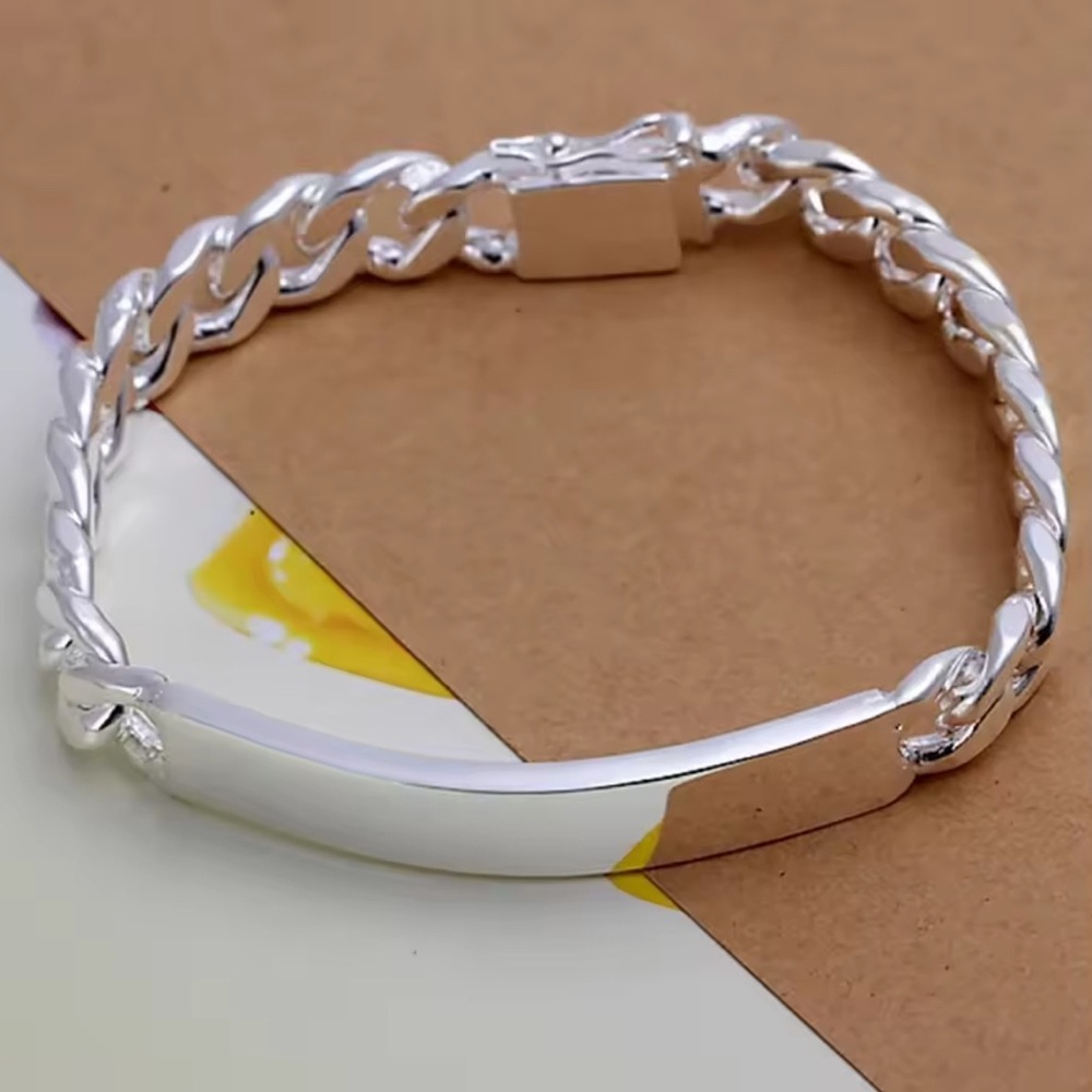 925 silver plated Cuban ID band bracelet men’s hip hop rapper jewelry
